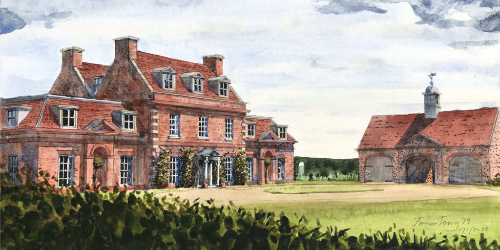 Watercolour painting of red brick English countryside cottage.