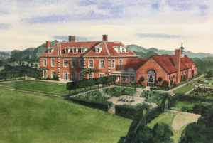 Watercolour painting of red brick, Georgian style English countryside property.