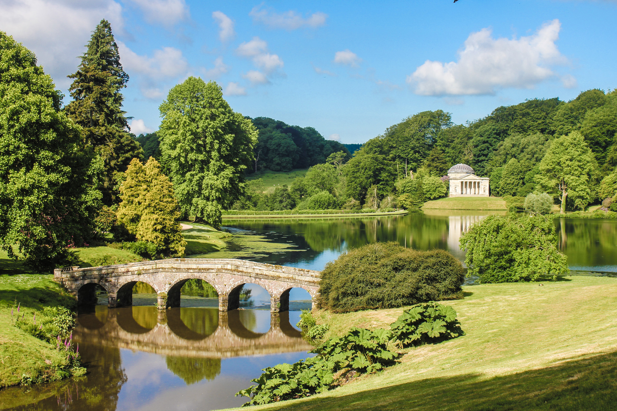 Stourhead National Trust property garden and lake in summer.